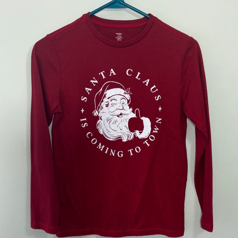 Holiday Time Deep Red Crew Neck Santa/Christmas Shirt size Large